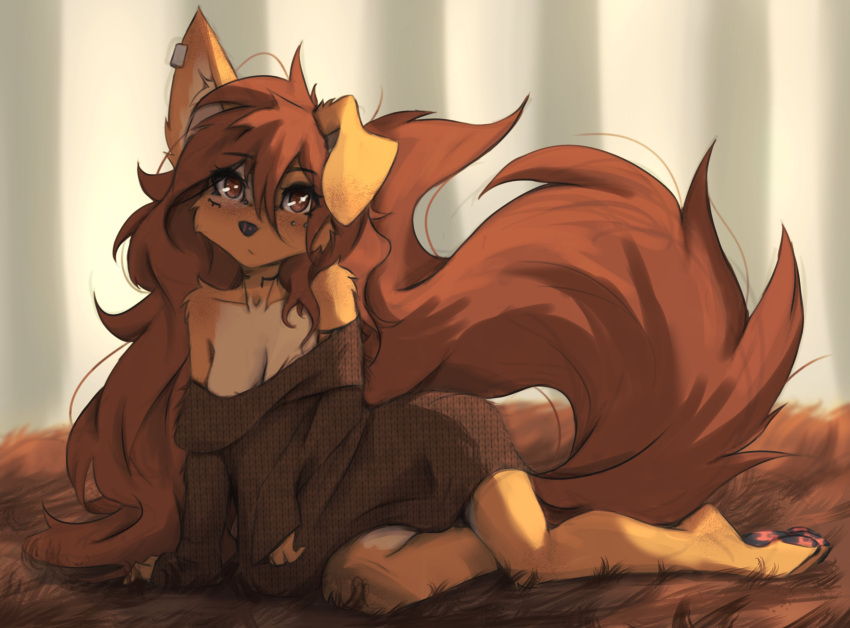 2023 absurd_res anthro apogee_(tinygaypirate) braless breasts brown_eyes brown_hair canid canine canis cleavage clothed clothing countershade_torso countershading domestic_dog ear_piercing female fingers fur hair hi_res inner_ear_fluff long_hair long_tail looking_at_viewer lying mammal neck_tattoo no_bra_under_clothes on_side one_ear_up pawpads piercing solo tail tan_body tan_fur tattoo tinygaypirate topwear tuft