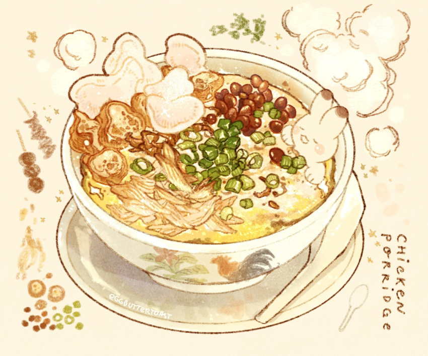 artist_name beans blush_stickers chicken_(food) closed_eyes commentary english_commentary english_text fire food food_focus highres in_bowl in_container nao_(bestrollever) no_humans onion open_mouth original oversized_food oversized_object partially_submerged porridge rabbit simple_background smile star_(symbol) steam takoyaki yellow_background