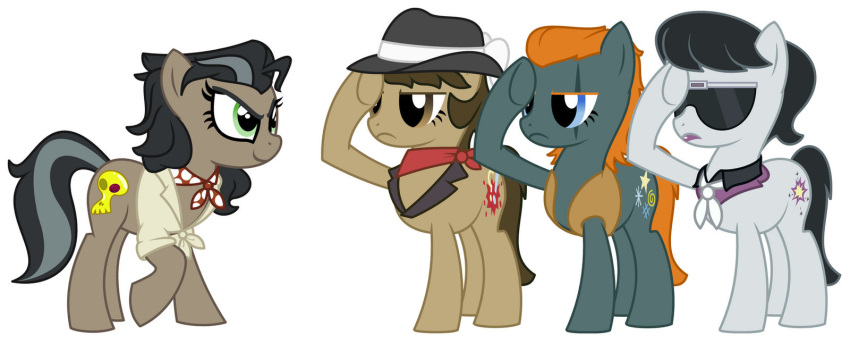 biff_(mlp) black_eyeliner blue_eyes brown_eyes caballeron_(mlp) clothing crossgender cutie_mark earth_pony equid equine evilfrenzy eye_scar eyeliner eyewear facial_scar fedora female friendship_is_magic gesture green_eyes hasbro hat headgear headwear hi_res horse makeup mammal mtf_crossgender my_little_pony neckerchief pony rogue_(mlp) salute scar shirt sunglasses topwear vest withers_(mlp)