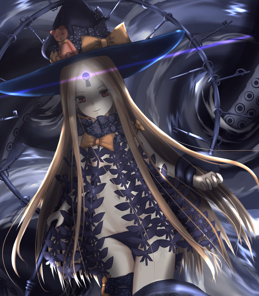 abigail_williams_(fate/grand_order) asymmetrical_legwear bangs black_bow black_hat black_legwear black_panties blonde_hair bow closed_mouth commentary_request dutch_angle fate/grand_order fate_(series) glowing hat hat_bow highres holding key keyhole long_hair looking_at_viewer loots navel orange_bow panties parted_bangs red_eyes revealing_clothes single_thighhigh smile solo string_panties stuffed_animal stuffed_toy suction_cups teddy_bear tentacles thighhighs topless underwear very_long_hair witch_hat