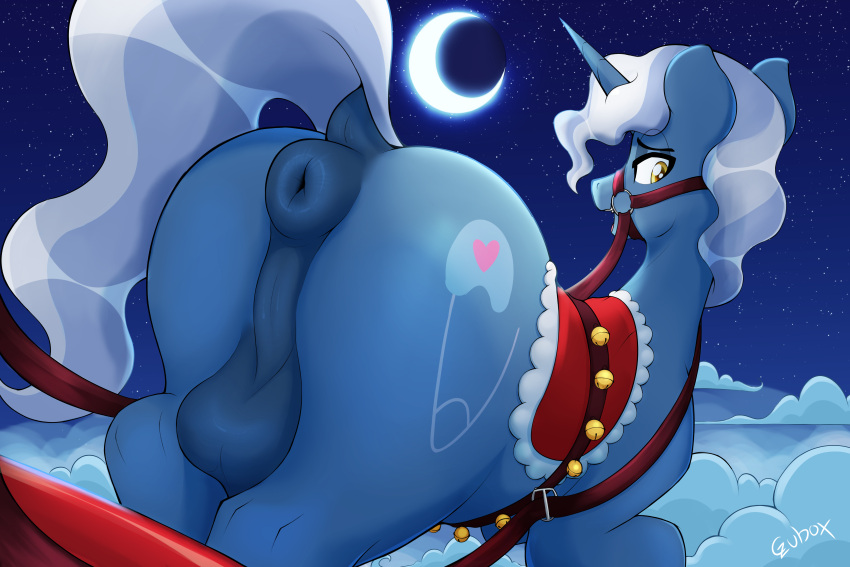 absurd_res anus balls big_butt blue_body bridle butt czu equid equine feral friendship_is_magic fur genitals hair hasbro hi_res horn looking_at_viewer looking_back male mammal moon my_little_pony night perineum pokey_pierce_(mlp) unicorn