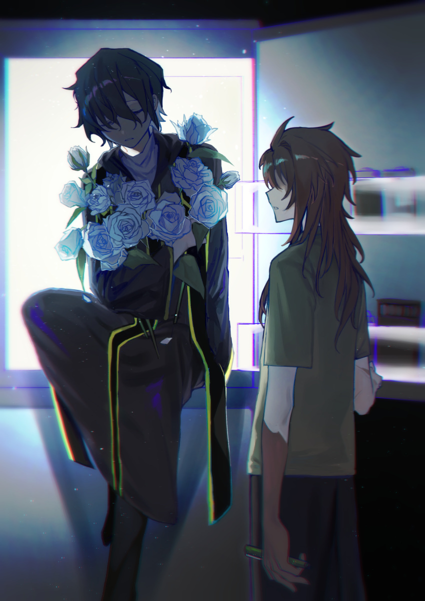 2boys black_hair black_pants bouquet brown_hair brown_robe burn_scar chromatic_aberration closed_eyes commentary flower green_shirt harada_minoru highres holding holding_bouquet holding_pen hood hood_down hooded_robe in_container in_refrigerator kyoko_(akakikyoko) light_particles long_hair male_focus multiple_boys pants pen refrigerator robe rose saibou_shinkyoku scar scar_on_arm scar_on_hand shirt short_hair short_sleeves sitting stole symbol-only_commentary t-shirt utsugi_noriyuki white_flower white_rose white_shirt