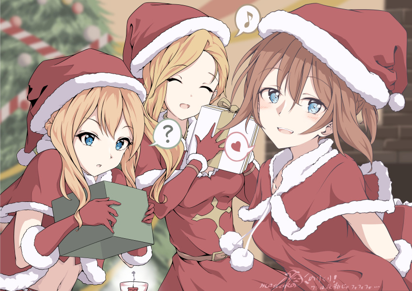 3girls ? absurdres arms_behind_back artist_name azur_lane blonde_hair blue_eyes blurry blurry_background blush box candle christmas christmas_tree dress gift gift_box gloves hair_between_eyes hands_up hat heart highres holding holding_gift hood_(azur_lane) indoors long_hair looking_at_viewer madakov_kodima midriff multiple_girls musical_note navel parted_lips red_dress red_gloves red_headwear renown_(azur_lane) repulse_(azur_lane) santa_costume santa_dress santa_hat signature smile spoken_heart spoken_musical_note spoken_question_mark