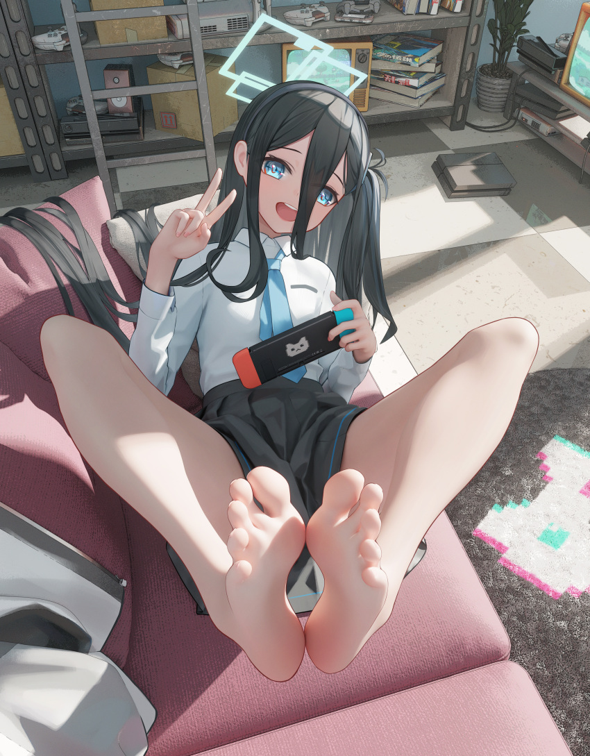 1girl absurdly_long_hair absurdres aris_(blue_archive) barefoot black_hair black_hairband black_skirt blue_archive blue_eyes blue_necktie checkered_floor collared_shirt green_halo hairband halo handheld_game_console highres holding holding_handheld_game_console indoors long_hair looking_at_viewer mr_ito necktie one_side_up open_mouth plant pleated_skirt potted_plant shirt skirt smile soles solo television toes v very_long_hair white_shirt
