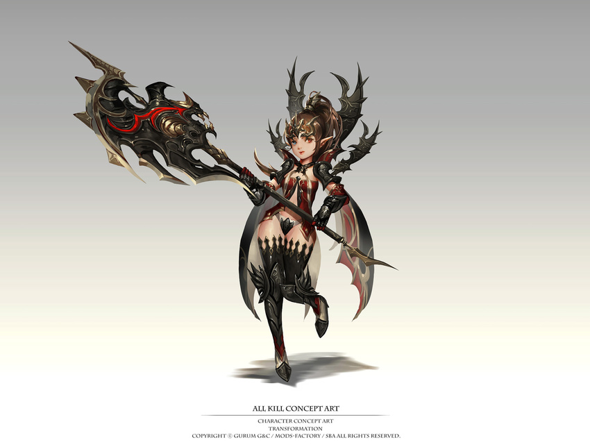 all_kill armor art_slow axe black_legwear boots brown_hair concept_art copyright_name full_body gauntlets gradient gradient_background grey_background heterochromia highres holding holding_weapon looking_at_viewer midriff panties pointy_ears polearm ponytail shoulder_armor solo standing standing_on_one_leg thighhighs tiara underwear watermark weapon