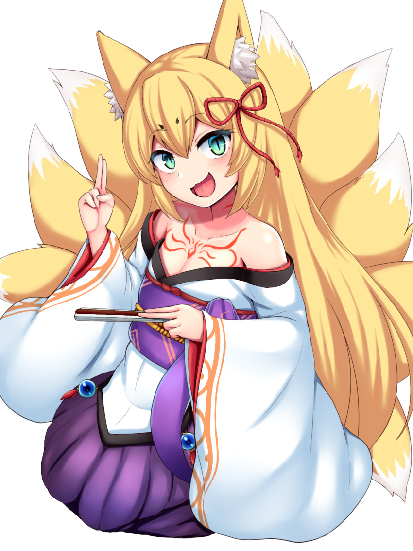 1girl :d animal_ear_fluff animal_ears bare_shoulders blonde_hair blush breasts chest_tattoo cleavage_cutout clothing_cutout collarbone commentary_request folding_fan fox_ears fox_girl fox_tail full_body green_eyes hair_ribbon hakama hakama_skirt hand_fan highres holding holding_fan index_finger_raised japanese_clothes kimono kitsune kneeling kyuubi lolibaba long_hair looking_at_viewer mon-musu_quest! monster_girl multiple_tails obi open_mouth purple_hakama purple_sash raichi_(ddq0246) ribbon rope sash shimenawa simple_background skirt small_breasts smile solo tail tamamo_(mon-musu_quest!) tattoo white_background white_kimono