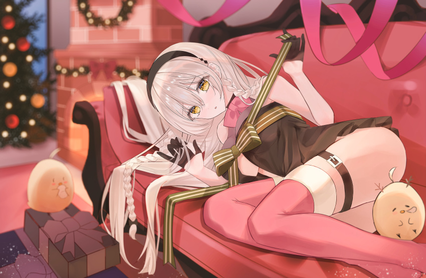1girl azur_lane belt bird black_gloves black_hairband black_negligee blush bow box braid breasts chick christmas christmas_tree couch fireplace gift gift_box gift_wrapping gloves hair_between_eyes hairband hermione_(azur_lane) highres indoors large_breasts long_hair looking_at_viewer lying manjuu_(azur_lane) negligee on_side parted_lips red_bow red_thighhighs sleeping thigh_belt thigh_strap thighhighs white_hair yagen_(user_mxur3238) yellow_eyes
