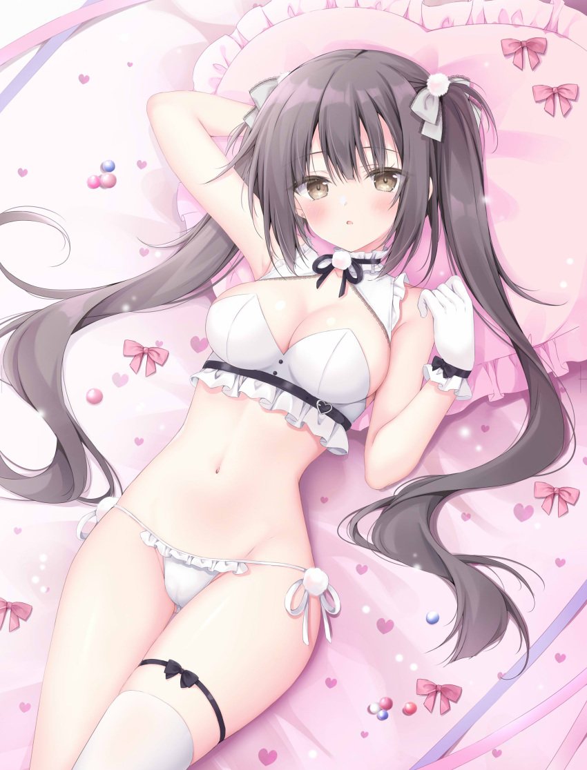 1girl :o absurdres arm_behind_head arm_up bare_shoulders bed_sheet bikini black_hair blush bow breasts brown_eyes cleavage commentary_request frilled_gloves frilled_panties frilled_pillow frills gloves grey_bow groin hair_between_eyes hair_bow hand_up heart heart_pillow highres korie_riko long_hair looking_at_viewer lying medium_breasts navel on_back original panties parted_lips pillow side-tie_panties solo swimsuit twintails underwear very_long_hair white_bikini white_gloves white_panties