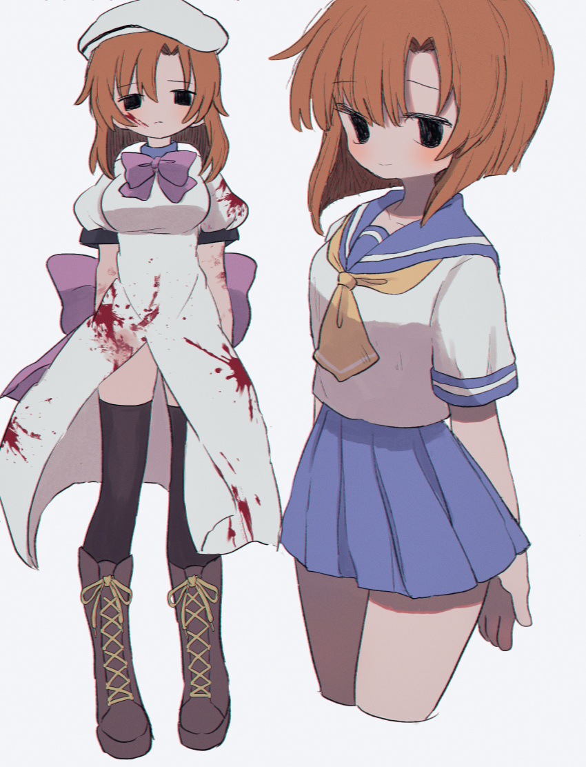 1girl black_eyes black_thighhighs blood blood_on_clothes blood_on_face blue_skirt blush boots bow breasts brown_footwear brown_hair character_request check_character closed_mouth cross-laced_footwear expressionless highres higurashi_no_naku_koro_ni knee_boots looking_at_viewer medium_breasts medium_hair pleated_skirt puffy_short_sleeves puffy_sleeves purple_bow ri_(qrcode) ryuuguu_rena short_hair short_sleeves simple_background skirt solo thighhighs white_background