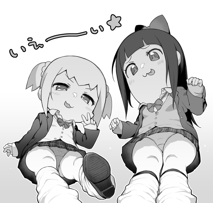 :3 :d :p atte7kusa bangs blunt_bangs blush bow bowtie collared_shirt detached_leggings fingernails from_below greyscale hair_bow hair_ornament hair_scrunchie highres jacket legs_together long_hair long_sleeves looking_at_viewer looking_down monochrome multiple_girls open_mouth panties pantyshot pantyshot_(standing) pipimi pleated_skirt polka_dot polka_dot_panties poptepipic popuko school_uniform scrunchie shirt shoes simple_background skirt smile standing tongue tongue_out twintails underwear vest w white_background