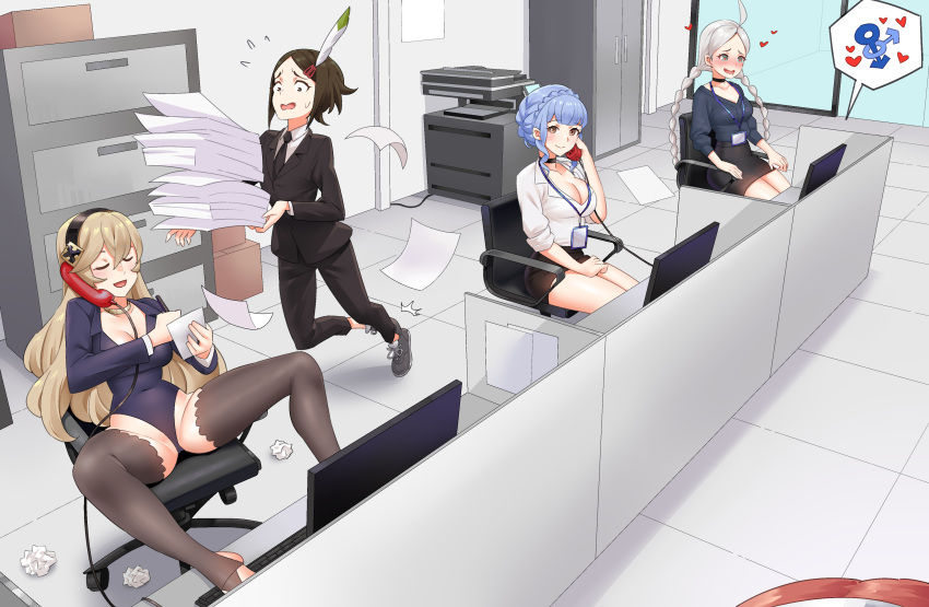 4girls absurdres ahoge alternate_costume badge black_choker black_hairband black_necktie blue_eyes blue_shirt braid brown_eyes brown_hair choker commission commissioner_upload corrin_(female)_(fire_emblem) corrin_(fire_emblem) cubicle feather_hair file_cabinet fire_emblem fire_emblem:_three_houses fire_emblem_awakening fire_emblem_fates fujoshi hairband heart heart_in_eye highres igni_tion implied_pornography keyboard_(computer) lanyard long_hair long_sleeves low_twin_braids low_twintails marianne_von_edmund mars_symbol monitor multiple_girls necktie nina_(fire_emblem) noire_(fire_emblem) non-web_source office_lady paper_stack parted_bangs printer shirt suit symbol_in_eye talking_on_phone tripping twin_braids twintails white_hair yaoi