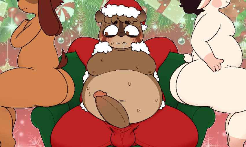 5:3 anthro bangs belly big_belly big_butt big_penis blush bodily_fluids bovid brown_body brown_fur bulge butt cal_(zlut385) candy canid canine canis caprine chair cheek_spots christmas christmas_clothing christmas_headwear clothing costume dessert digital_drawing_(artwork) digital_media_(artwork) domestic_dog drooling erection food fur furniture genitals goat green_chair group hat headgear headwear hi_res holidays long_ears looking_at_butt lyle_(zlut385) male male/male mammal moobs nahte_(zlut385) navel nipples nude on_chair ornament overweight overweight_anthro overweight_male penis peppermint_(candy) pixel_(artwork) plant raccoon_dog saliva santa_costume santa_hat sitting sitting_on_armrest sitting_on_chair smile sweat sweaty_body tan_body tan_fur tanuki thick_thighs trio zlut385