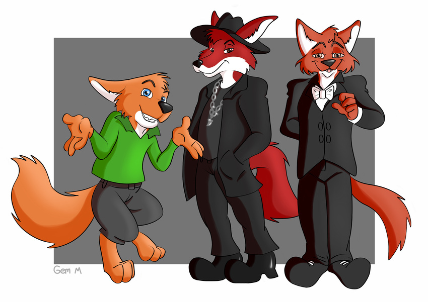 2017 anthro antoine_renault belt big_ears blue_eyes brown_eyes canine clothed clothing digital_media_(artwork) fluffy fluffy_tail footwear fox friends fur gem-wolf green_shirt grin group happy hat jacket jewelry long_tail looking_at_viewer male mammal necklace orange_fur pants red_fur ross_holmes satisfied shirt shoes sly smile teeth tom_hunter tuxedo