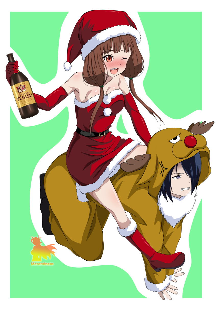 1boy 1girl ;d absurdres all_fours alternate_costume anger_vein angry animal_costume antlers artist_name bare_shoulders belt black_belt black_hair blunt_bangs blush boots border bottle brand_name_imitation breasts brown_eyes brown_hair christmas cleavage clenched_teeth collarbone commentary_request cosplay dress drunk elbow_gloves eyelashes fake_antlers feather-trimmed_sleeves full-face_blush full_body fur-trimmed_boots fur-trimmed_dress fur_trim girl_on_top gloves green_background hand_up happy hat hetero highres holding holding_bottle hood hood_up iino_miko ishigami_yuu kaguya-sama_wa_kokurasetai_~tensai-tachi_no_renai_zunousen~ kigurumi long_hair looking_afar low_twintails metaminegl one_eye_closed open_mouth pom_pom_(clothes) red_gloves red_nose reindeer_antlers reindeer_costume santa_boots santa_costume santa_dress santa_hat short_dress short_hair simple_background sitting small_breasts smile spanish_commentary strapless strapless_dress teeth twintails upper_teeth_only white_border