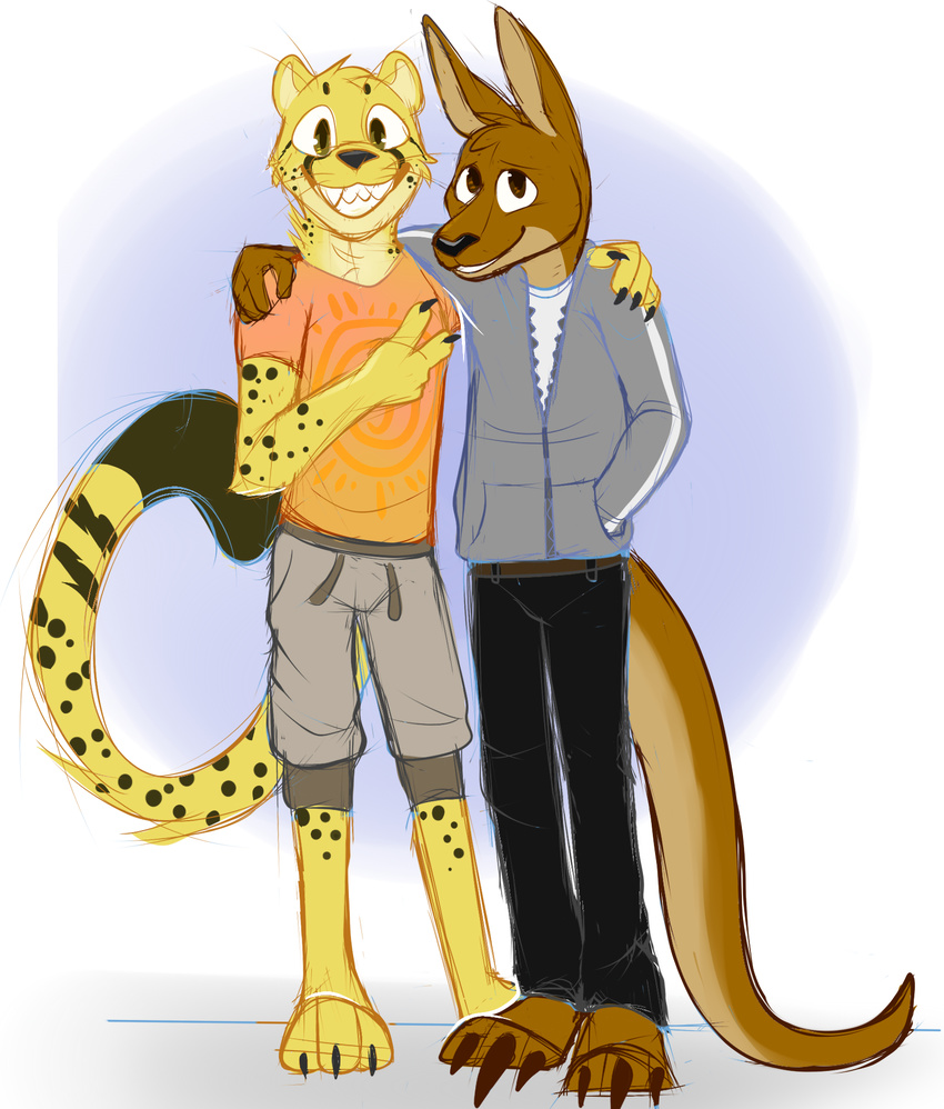 2017 anthro belt big_ears big_feet big_tail black_nails brown_eyes brown_fur cheerful cheetah clothing colored_nails dots duo feline friends fur grin happy jax_valdez jumper kangaroo long_tail looking_at_viewer male mammal marsupial modest pants rindeadsong shirt smile vance_kohler yellow_eyes yellow_fur