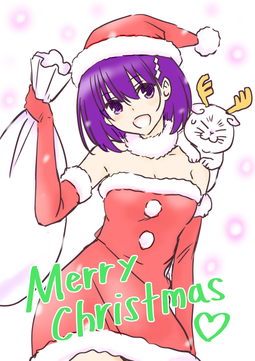 1girl 1other :d alternate_costume antlers ayakashi_triangle bare_shoulders christmas commentary_request dress elbow_gloves english_text eyelashes fake_antlers gloves hair_ornament hairclip happy hat highres kanade_suzu merry_christmas official_art open_mouth purple_eyes purple_hair red_dress red_gloves red_headwear reindeer_antlers santa_costume santa_hat shirogane_(ayatora) short_hair simple_background sketch smile white_background yabuki_kentarou