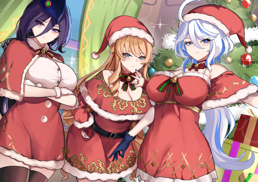 3girls absurdres alternate_breast_size belt black_belt black_bow black_gloves black_thighhighs blonde_hair blue_eyes blue_hair blue_nails bow box breasts buttons capelet christmas christmas_ornaments christmas_tree cleavage clorinde_(genshin_impact) closed_mouth crossed_arms dark_blue_hair dress drill_hair drill_sidelocks drop-shaped_pupils english_commentary fingerless_gloves framed_breasts fur-trimmed_capelet fur-trimmed_dress fur-trimmed_gloves fur-trimmed_headwear fur_trim furina_(genshin_impact) genshin_impact gift gift_box gloves hair_between_eyes hair_bow hat heterochromia highres indoors jewelry large_breasts long_hair looking_at_viewer low_ponytail multicolored_hair multiple_girls navia_(genshin_impact) purple_eyes red_capelet red_dress red_gloves red_headwear ring santa_capelet santa_costume santa_dress santa_hat sidelocks smile streaked_hair thighhighs tian_kazuki tricorne white_gloves white_hair