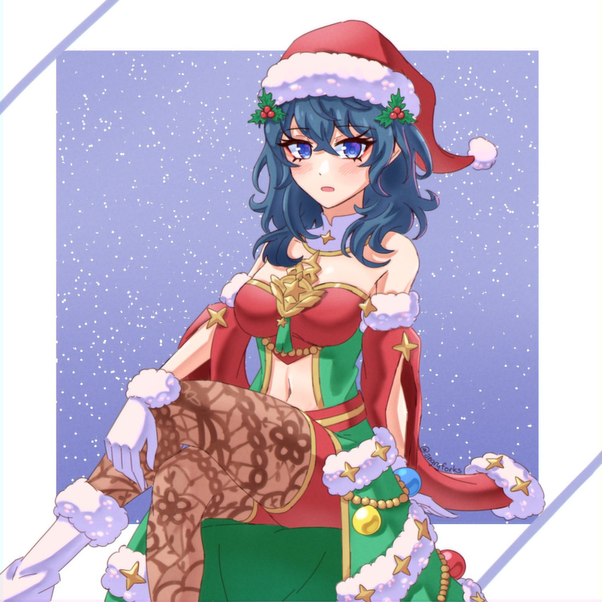 1girl angryforks bare_shoulders blue_hair breasts brown_pantyhose byleth_(female)_(fire_emblem) byleth_(female)_(frosty_professor)_(fire_emblem) byleth_(fire_emblem) cape crossed_legs detached_collar english_commentary fire_emblem fire_emblem:_three_houses fire_emblem_heroes fur-trimmed_cape fur_trim green_cape hat highres holly_hat_ornament large_breasts medium_hair merry_christmas mistletoe_hair_ornament official_alternate_costume pantyhose pantyhose_under_shorts patterned_legwear print_pantyhose santa_costume santa_hat shorts solo tassel turtleneck