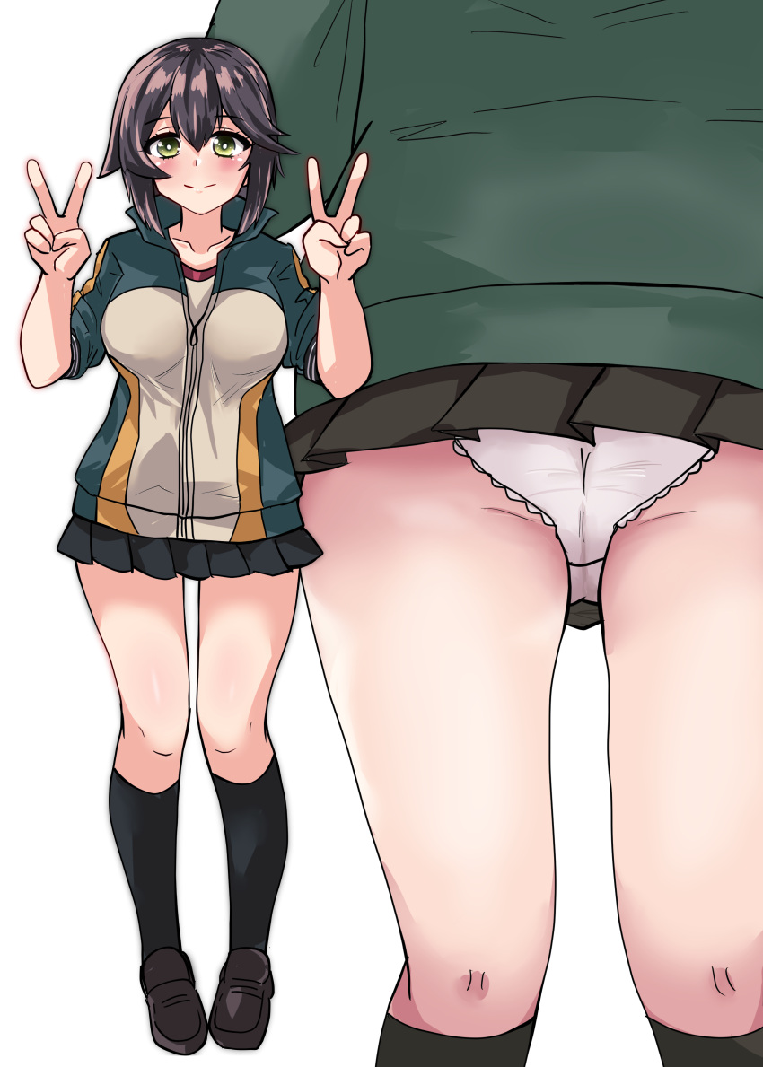 1girl absurdres alternate_eye_color ass black_footwear black_hair black_skirt black_socks breasts double_v green_eyes gym_shirt hair_between_eyes hayasui_(kancolle) highres jacket kantai_collection kitahama_(siroimakeinu831) large_breasts miniskirt multiple_views panties pleated_skirt shirt short_hair skirt socks track_jacket underwear v white_panties zipper