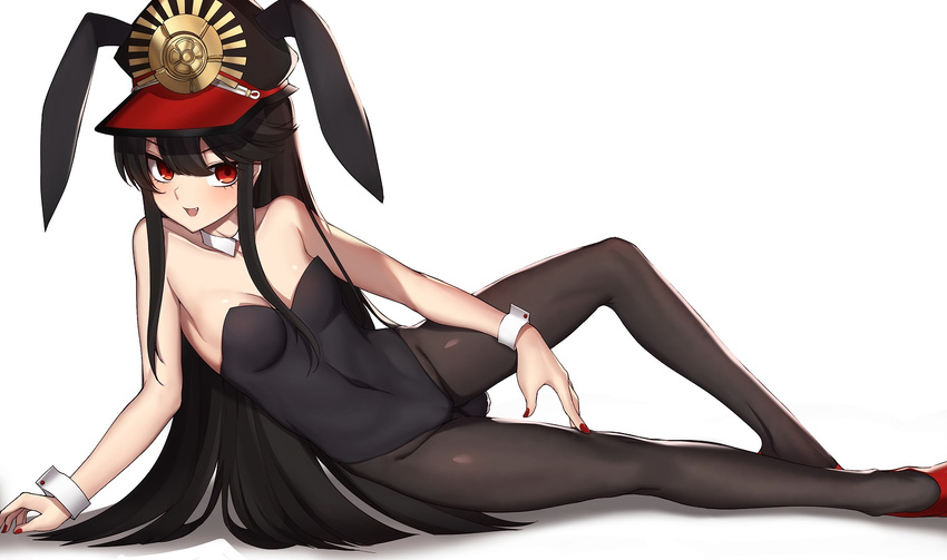 animal_ears bare_shoulders black_legwear black_leotard bunny_ears bunny_tail bunnysuit detached_collar family_crest fate_(series) k_jin koha-ace leotard long_hair looking_at_viewer lying oda_nobunaga_(fate) oda_uri on_side pantyhose simple_background solo strapless strapless_leotard tail white_background wrist_cuffs