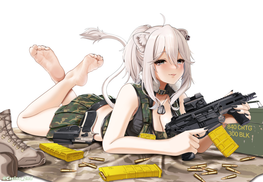 1girl ahoge alternate_costume ammunition ammunition_box animal_collar animal_ear_fluff animal_ears armpit_crease artist_name assault_rifle bare_legs barefoot belt black_belt black_nails blush boots breasts brown_footwear camouflage camouflage_skirt cartridge casino_(casinoep) cleavage collar collarbone crossed_legs cz_75 dog_tags double-parted_bangs ear_piercing eyelashes feet feet_up full_body fur_trim green_vest grey_eyes grey_hair gun hair_between_eyes handgun holding holding_gun holding_weapon hololive holster holstered large_breasts legs lion_ears lion_girl lion_tail long_hair looking_at_viewer lying magazine_(weapon) miniskirt nail_polish on_ground on_stomach optical_sight partially_unzipped piercing pleated_skirt ponytail rifle shishiro_botan sidelocks sig_mcx simple_background skirt soles solo tail the_pose toe_scrunch toes tongue tongue_out trigger_discipline twitter_username unworn_boots vest virtual_youtuber weapon white_background