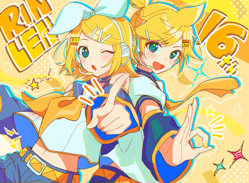 1boy 1girl :d :o absurdres anniversary arm_warmers black_sailor_collar black_shorts blonde_hair blue_eyes bow character_name hair_bow hair_ornament hairclip hand_gesture headphones headset highres kagamine_len kagamine_rin neckerchief necktie number_hair_ornament open_mouth pointing pointing_at_viewer sailor_collar shirt short_hair short_ponytail shorts siblings smile sparkle star_(symbol) taro14_tea twins vocaloid white_bow white_shirt yellow_background yellow_neckerchief yellow_necktie