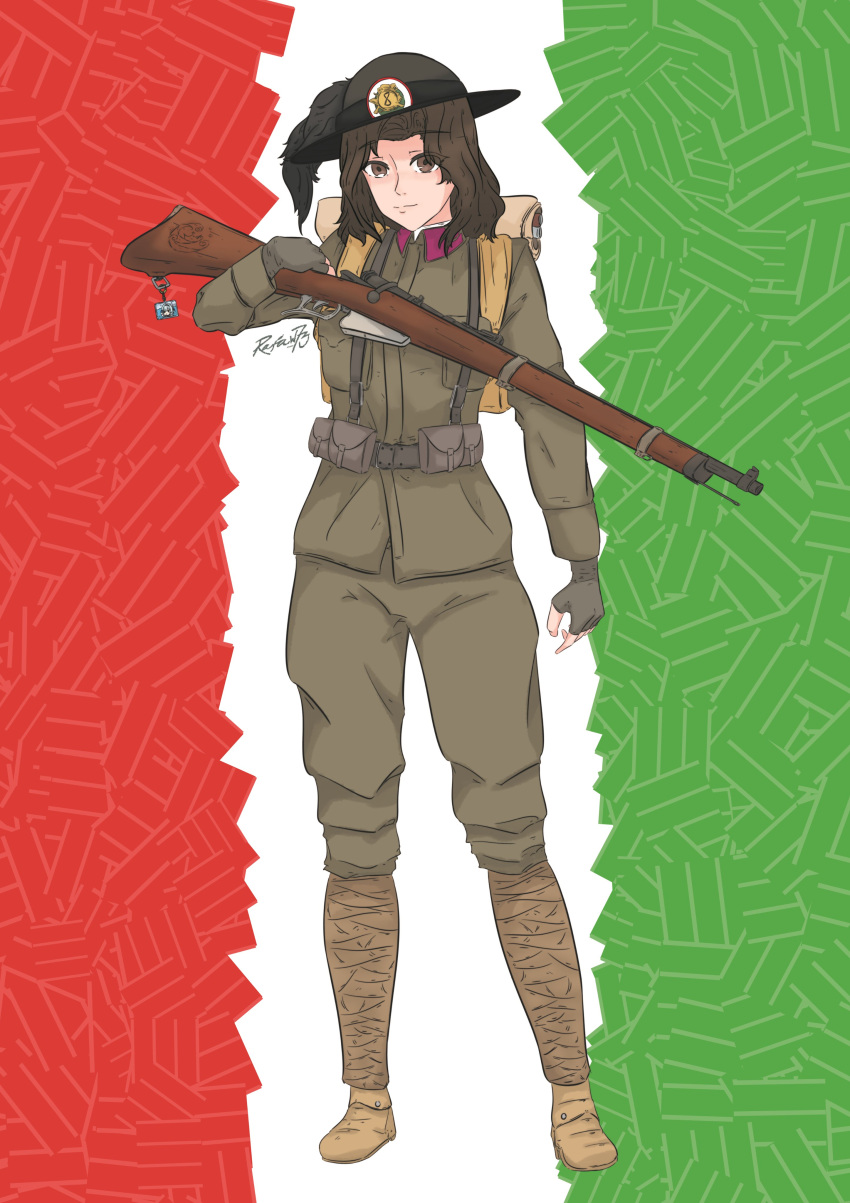 1girl absurdres bolt_action brown_eyes brown_hair charm_(object) eula_(genshin_impact) flag_background gun highres holding holding_weapon italian_flag italy load_bearing_vest military military_uniform rafael_(rafa_w73) rifle uniform weapon world_war_i