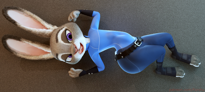 2019 3d_(artwork) anthro bedroom_eyes belt belt_buckle big_butt blue_clothing bottomwear butt claws clothed clothing digital_media_(artwork) disney eyebrows eyelashes feet female flat_chested footwear forshu front_view fur gloves grey_background grey_body grey_fur half-closed_eyes handwear hi_res judy_hopps lagomorph leporid licking licking_lips lips looking_at_viewer lying mammal multicolored_body multicolored_fur narrowed_eyes navel_outline on_back open_mouth paws pink_nose pinup police_uniform pose purple_eyes rabbit raised_arm seductive simple_background small_waist smile solo stretching text thick_thighs tight_clothing tongue tongue_out topwear uniform url white_body white_fur wide_hips zootopia