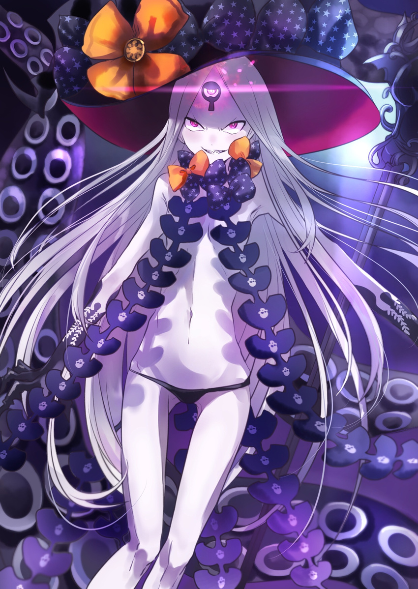abigail_williams_(fate/grand_order) bangs black_bow black_gloves black_hat black_panties bow commentary_request dutch_angle elbow_gloves fate/grand_order fate_(series) gloves glowing grin hat hat_bow highres kayanogura long_hair looking_at_viewer navel orange_bow pale_skin panties parted_bangs pink_eyes print_bow revealing_clothes sharp_teeth skinny smile solo star star_print suction_cups teeth tentacles topless underwear very_long_hair white_hair witch_hat