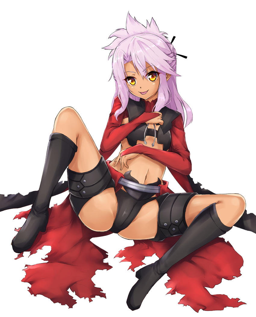 :p ass bandeau bangs black_footwear black_panties boots bridal_gauntlets chloe_von_einzbern fate/kaleid_liner_prisma_illya fate_(series) flugel_(kaleido_scope-710) folded_ponytail full_body hair_ornament hair_stick highres knee_boots long_hair looking_at_viewer navel panties parted_bangs pink_hair showgirl_skirt shrug_(clothing) simple_background sitting solo spread_legs thigh_strap tongue tongue_out type-moon underwear white_background yellow_eyes