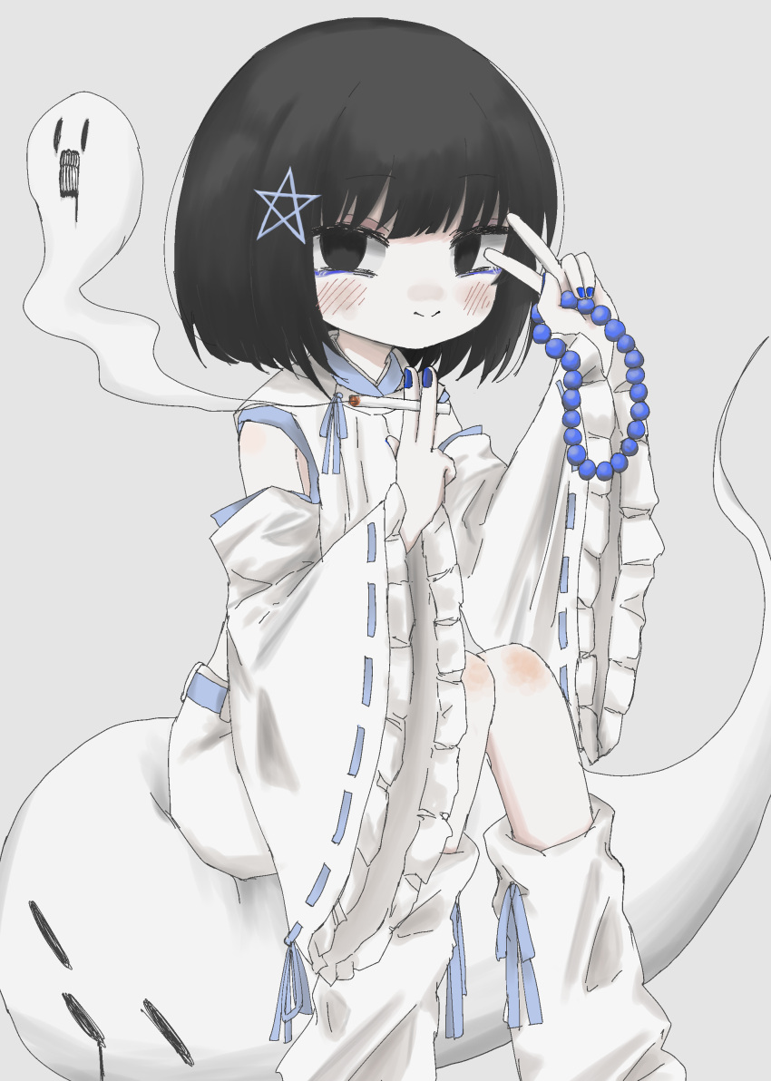 1girl absurdres black_eyes black_hair blue_eyeliner blue_nails blush bob_cut cigarette dress eyeliner hair_ornament highres holding holding_cigarette holding_jewelry jewelry kennin5 leg_warmers makeup onmyouji original pale_skin smile smoke star_(symbol) star_hair_ornament white_background white_dress