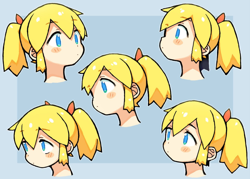 1girl bachera blonde_hair blue_background blue_eyes blush_stickers closed_mouth commentary hair_between_eyes hair_ribbon head_only multiple_views original pakky_(bachera) ponytail red_ribbon ribbon sidelocks two-tone_background