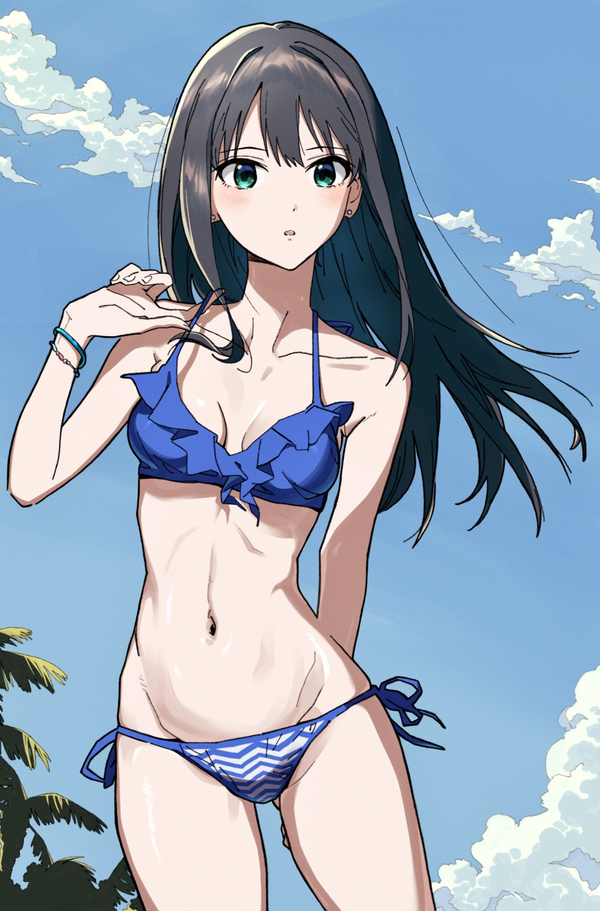 1girl absurdres adjusting_clothes adjusting_swimsuit ass_visible_through_thighs bare_arms bikini black_hair bloom_into_me15 blue_bikini blue_sky bracelet breasts cleavage cloud collarbone cowboy_shot day earrings floating_hair green_eyes groin hair_intakes halterneck highres idolmaster idolmaster_cinderella_girls jewelry long_hair open_mouth outdoors shibuya_rin side-tie_bikini_bottom sketch sky small_breasts solo standing straight_hair striped striped_bikini summer swimsuit thigh_gap