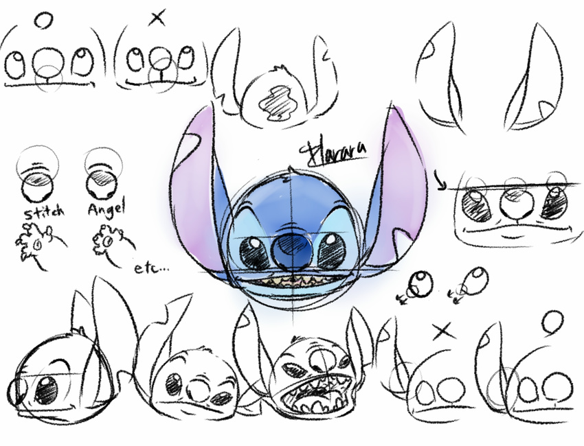 4_fingers alien black_eyes blue_fur blue_nose claws comparison disney experiment_(species) fur harara head_tuft hi_res lilo_and_stitch looking_at_viewer model_sheet notched_ear open_mouth open_smile philtrum signature smile stitch