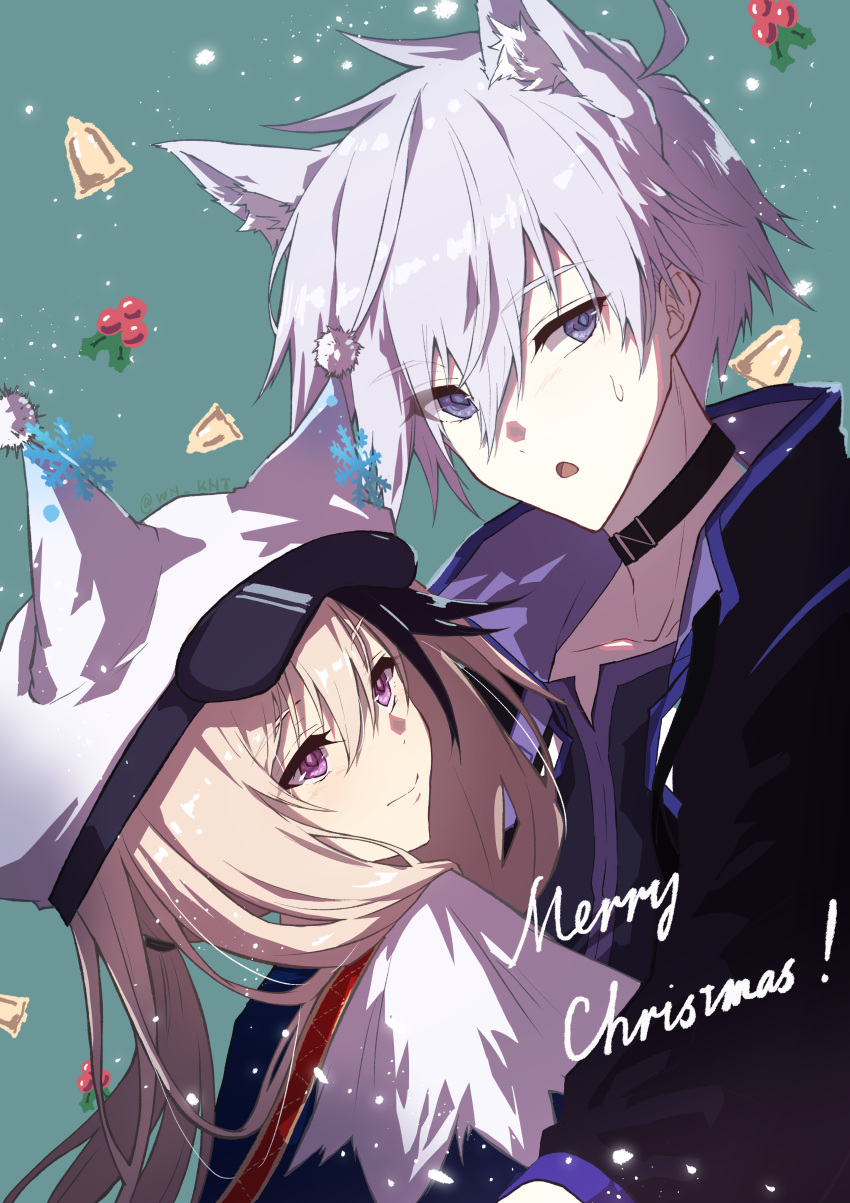 1boy 1girl :o absurdres animal_ear_fluff animal_ears animal_hat arknights bell black_choker black_jacket black_shirt blue_background brown_hair cardigan_(arknights) choker collarbone commentary_request fake_animal_ears grey_eyes grey_hair hair_between_eyes hat highres jacket merry_christmas open_clothes open_jacket parted_lips purple_eyes shirt simple_background steward_(arknights) sweat upper_body white_headwear wn_(wani-noko)