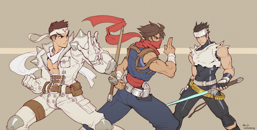 3boys anh_dang armband bandana belt bodysuit bracelet brown_hair capcom concept_art cyberbots energy_sword english_commentary fighting_stance fingerless_gloves gloves hachimaki headband headgear highres jacket jewelry kanzaki_hayato_(star_gladiator) marvel_vs._capcom marvel_vs._capcom_2 multiple_boys muscular muscular_male ninja plasma_sword saotome_jin scarf science_fiction shoulder_spikes signature sketch spikes star_gladiator strider_(video_game) strider_hiryuu sword tonfa uniform weapon