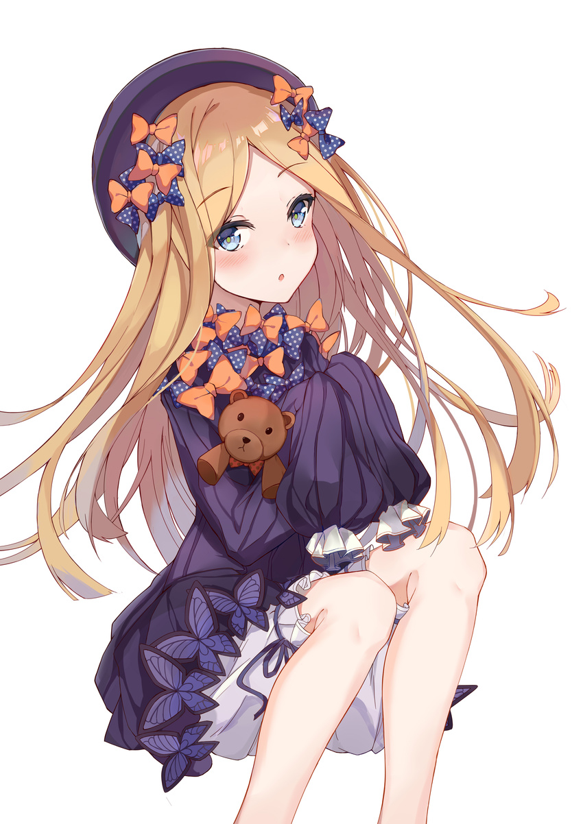 :o abigail_williams_(fate/grand_order) absurdres bangs black_bow black_dress black_hat blonde_hair bloomers blue_eyes blush bow bug butterfly commentary_request dress eyebrows_visible_through_hair fate/grand_order fate_(series) hair_bow hat highres insect long_hair long_sleeves looking_at_viewer object_hug orange_bow parted_bangs parted_lips polka_dot polka_dot_bow simple_background sitting sleeves_past_fingers sleeves_past_wrists solo stuffed_animal stuffed_toy teddy_bear underwear usagi_an very_long_hair white_background white_bloomers