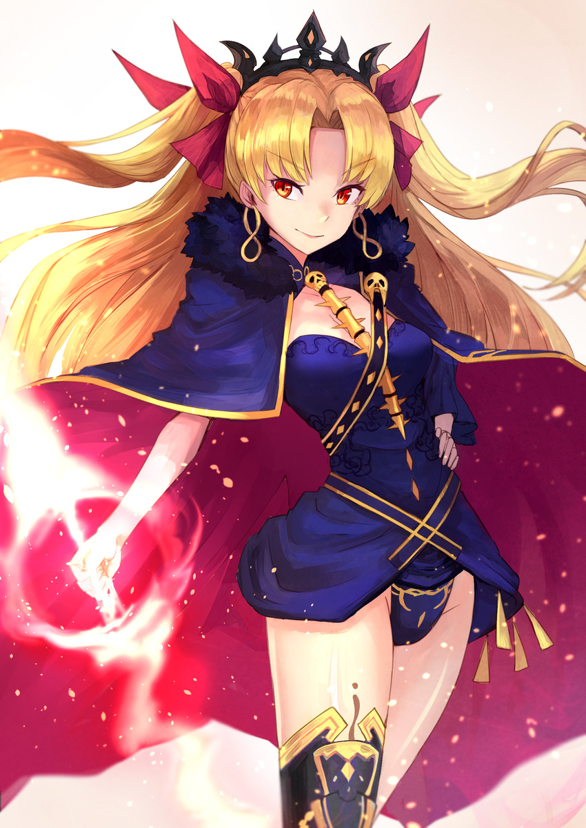 bad_id bad_pixiv_id blonde_hair blue_cape blue_leotard cape closed_mouth cowboy_shot earrings ereshkigal_(fate/grand_order) eyebrows_visible_through_hair fate/grand_order fate_(series) fur_trim hand_on_hip highres holding holding_weapon infinity jewelry leotard long_hair looking_at_viewer necklace red_eyes sawawse smile solo spine standing thighhighs two_side_up weapon white_background