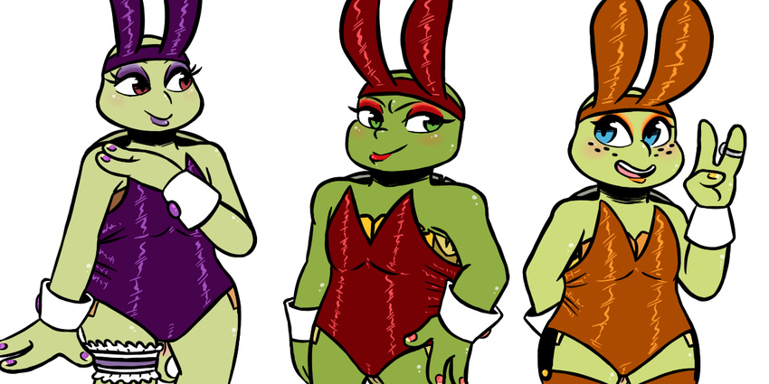2017 anthro anus barely_visible_genitalia blue_eyes bunny_costume clothed clothing colored_nails costume crossgender donatello_(tmnt) eyeshadow fake_ears fake_rabbit_ears female freckles green_eyes group hand_on_chest hand_on_hip inkyfrog lipstick looking_at_viewer makeup michelangelo_(tmnt) open_mouth open_smile orange_nails purple_nails raphael_(tmnt) red_eyes red_nails reptile ring rosy_cheeks scalie shell shirt_cuffs simple_background smile standing teenage_mutant_ninja_turtles turtle waving white_background