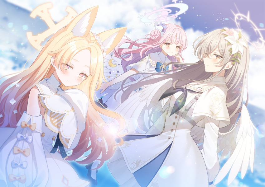 3girls angel_wings animal_ear_fluff animal_ears bare_shoulders blonde_hair blue_archive capelet closed_mouth crescent crescent_pin detached_sleeves dress feathered_wings flower fox_ears hair_flower hair_ornament halo highres light_brown_hair long_hair long_sleeves mika_(blue_archive) multiple_girls myusha nagisa_(blue_archive) pink_flower pink_hair pink_halo purple_flower seia_(blue_archive) sleeves_past_fingers sleeves_past_wrists smile tea_party_(blue_archive) white_capelet white_dress white_flower white_wings wings yellow_eyes yellow_halo