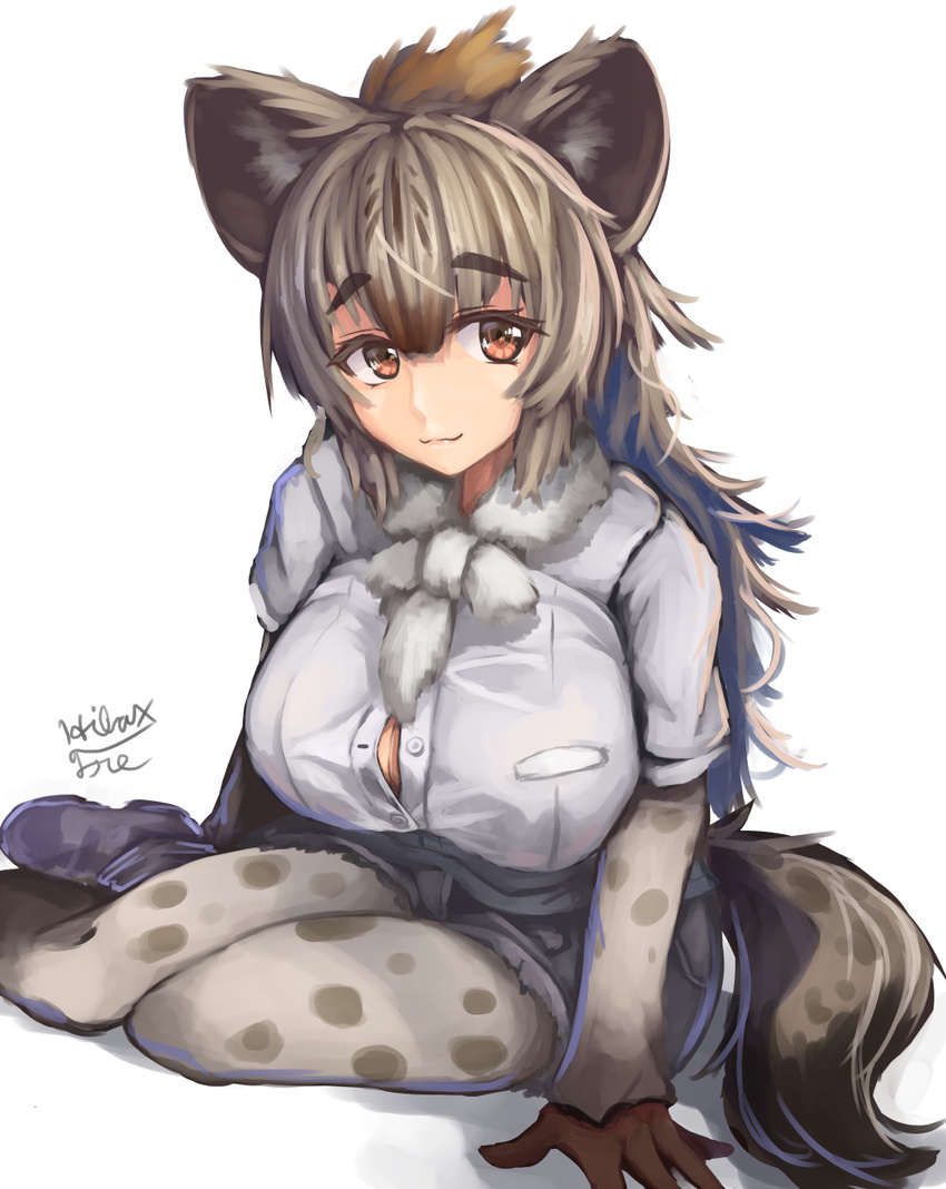 :3 animal_ears animal_print bow bowtie breasts brown_eyes brown_hair buttons closed_mouth commentary_request eyebrows_visible_through_hair fur_collar fur_trim gloves hibax-fre highres hyena_ears hyena_tail kemono_friends large_breasts looking_at_viewer pantyhose pantyhose_under_shorts partially_unbuttoned pocket seiza shirt shorts signature simple_background sitting solo spots spotted_hyena_(kemono_friends) tail white_background