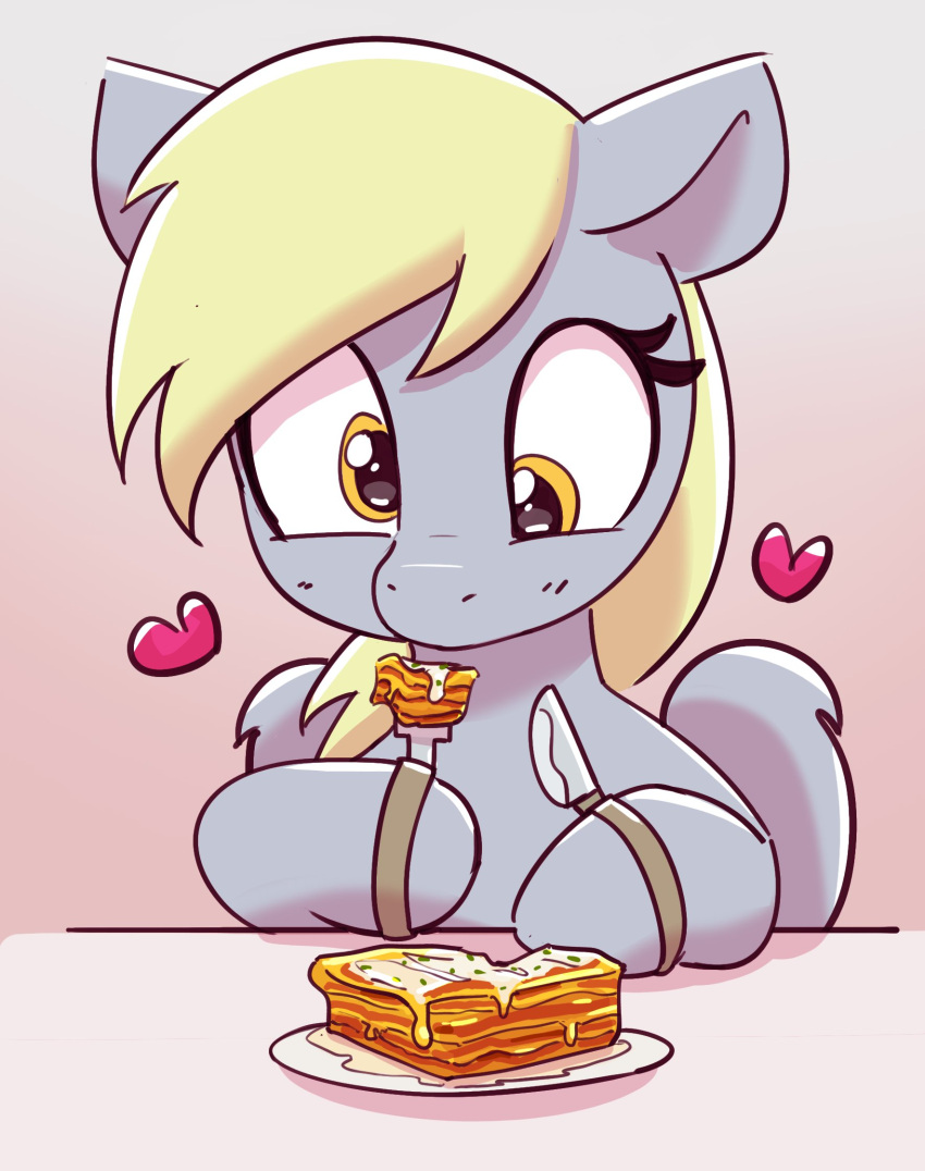 &lt;3 blonde_hair cross-eyed cutlery derpy_hooves_(mlp) eating equid equine eyelashes female feral food fork friendship_is_magic grey_body hair hasbro hi_res hooves kitchen_utensils knife long_hair mammal my_little_pony pabbley pegasus solo tools wings yellow_eyes