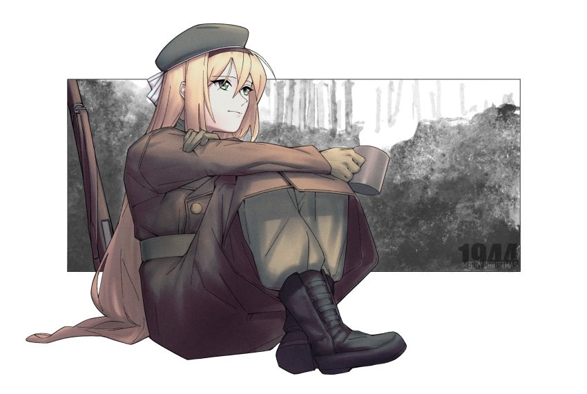 1girl absurdres beret black_footwear blonde_hair boots brown_coat coat cup emile_aoi girls'_frontline gloves green_gloves green_headwear green_pants gun hairband hat highres holding holding_cup long_hair m1_garand m1_garand_(girls'_frontline) merry_christmas pants rifle sitting weapon