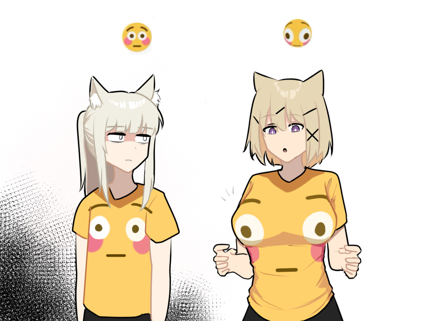 2girls :o alternate_costume animal_ears arknights blonde_hair breasts commentary_request highres large_breasts long_hair looking_at_another multiple_girls platinum_(arknights) shirt short_hair tofudofu upper_body utage_(arknights) white_background white_eyes yellow_shirt