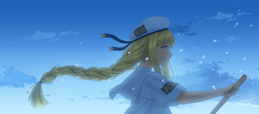 1girl absurdres alicia_florence aria_(manga) aria_company_uniform beret blue_background blue_eyes blue_ribbon blue_sky braid braided_ponytail bread_fqy closed_mouth cloud cloudy_sky eyelashes falling_petals from_side gradient_sky hat hat_ribbon highres holding holding_oar long_hair looking_to_the_side oar outdoors parted_bangs petals ribbon sailor_collar short_sleeves sidelocks sky solo upper_body white_headwear