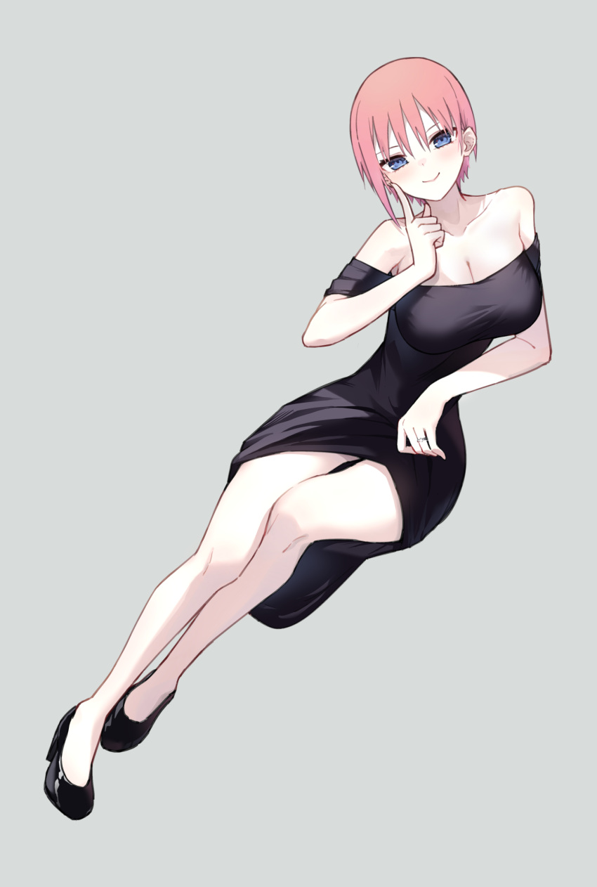 &gt;:) 1girl arm_support bare_legs bare_shoulders black_dress black_footwear blush breasts cleavage closed_mouth collarbone commentary dress formal full_body go-toubun_no_hanayome grey_background hair_between_eyes hand_up head_tilt high_heels highres index_finger_raised large_breasts legs_together nakano_ichika off-shoulder_dress off_shoulder pink_hair profnote short_hair simple_background sitting smile solo v-shaped_eyebrows