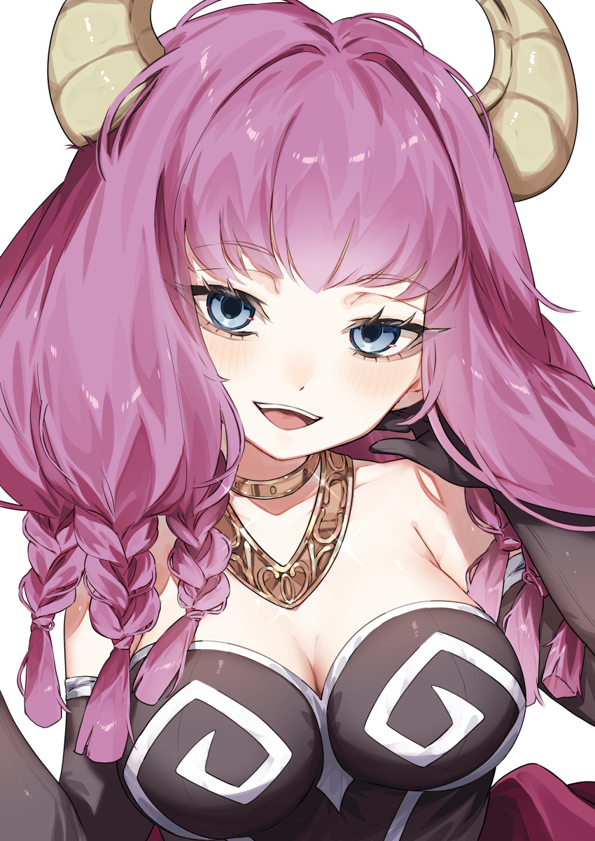 1girl absurdres adjusting_hair armpit_crease aura_(sousou_no_frieren) blue_eyes blush braid breasts cleavage collarbone demon_horns elbow_gloves gloves gorget highres horns ika_esu jewelry large_breasts looking_at_viewer medium_hair multiple_braids neck_ring open_mouth purple_hair simple_background solo sousou_no_frieren white_background