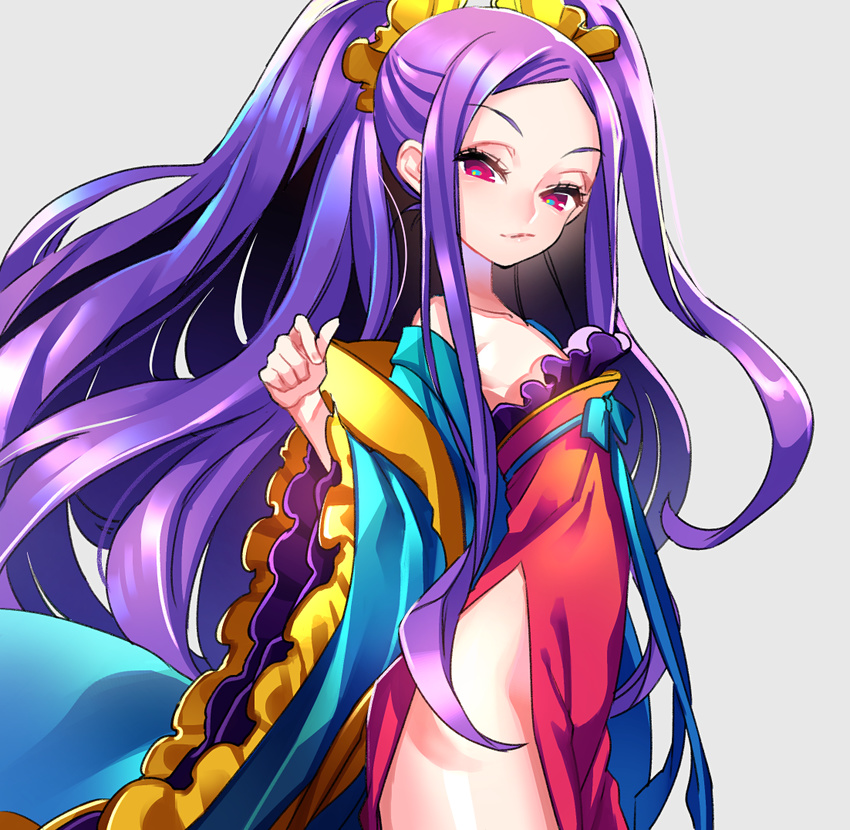 bare_shoulders blue_pupils bow chinese_clothes cowboy_shot fate/grand_order fate_(series) from_side grey_background hanfu long_hair long_sleeves looking_at_viewer looking_to_the_side no_panties off_shoulder pelvic_curtain pink_eyes sash shawl simple_background solo standing tenobe very_long_hair wide_sleeves wu_zetian_(fate/grand_order)