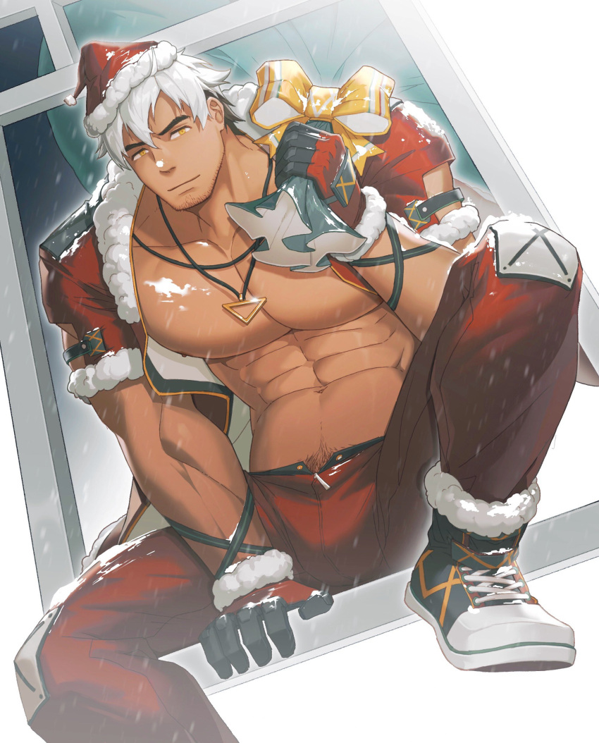 1boy abs absurdres bag bara bare_pectorals beard_stubble bow closed_mouth fur-trimmed_gloves fur-trimmed_jacket fur_trim gift_bag gloves hat highres holding holding_bag jacket jewelry large_pectorals looking_at_viewer male_focus muscular muscular_male navel original pectorals pendant pubic_hair pubic_hair_peek santa_costume santa_hat shoes short_sleeves sitting_in_window sneakers snowing solo white_hair yellow_eyes zhuganchangjiadan