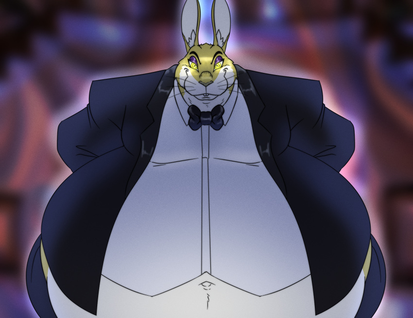 anthro belly big_belly bow_tie buckteeth clothed clothing fur hands_behind_back hi_res lagomorph leporid looming male mammal moobs navel obese obese_anthro obese_male overweight overweight_anthro overweight_male rabbit reagan700 smile smirk solo suit teeth whiskers wide_hips yellow_body yellow_fur